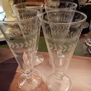 Set 4 Vintage Anchor Hocking Etched WHEAT LEAF Footed Pilsner Glasses STUNNING
